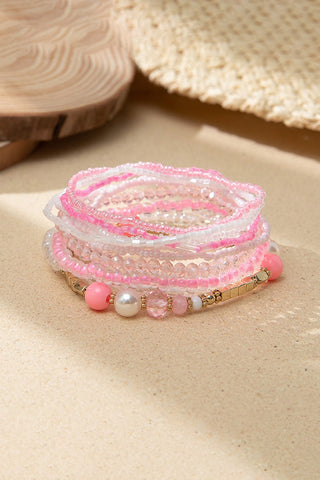 10pcs Pearl Beaded Bracelets Set- Pink