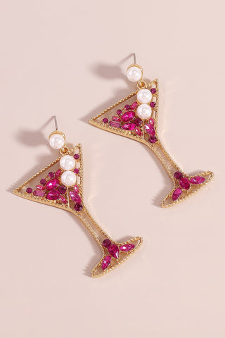 Rosy Cocktail Glass Rhinestone Drop Earrings