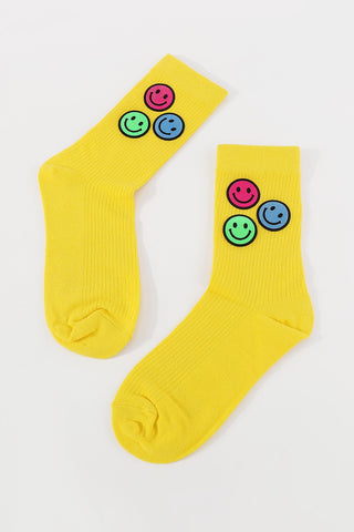 Yellow Neon Color Smiley Face Crew Socks