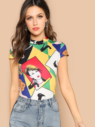 Mock Neck Colorblock Figure Print Tee