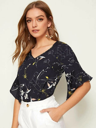 Black Botanical Print Asymmetrical Ruffle Cuff Top