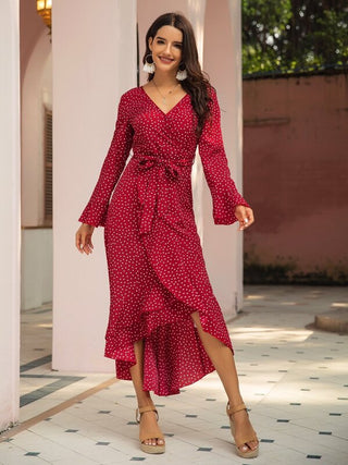 Flounce Sleeve Polka Dot Asymmetrical Hem Belted Dress