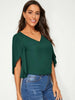 Dark Green V-neck Petal Sleeve Solid Top