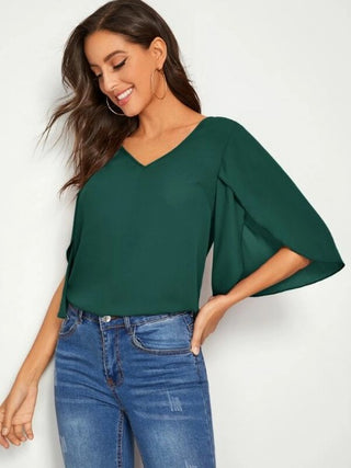 Dark Green V-neck Petal Sleeve Solid Top