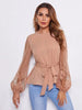 Lace Lantern Sleeve Belted Top