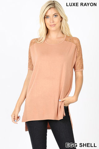 Beige Lace Sleeve Side Slit Top