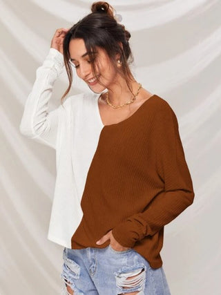 Batwing Sleeve Two Tone Rib-knit Top