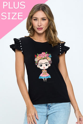 Frida Kahlo Ruffled with Pearl Detailed Cap Sleeve Top  - Black