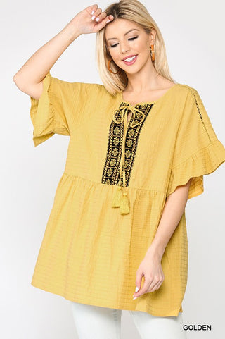 Jacquard Trim Tunic Top with Tassel Tie