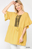 Jacquard Trim Tunic Top with Tassel Tie