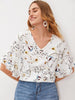 V-neck Botanical Print Flounce Sleeve Top