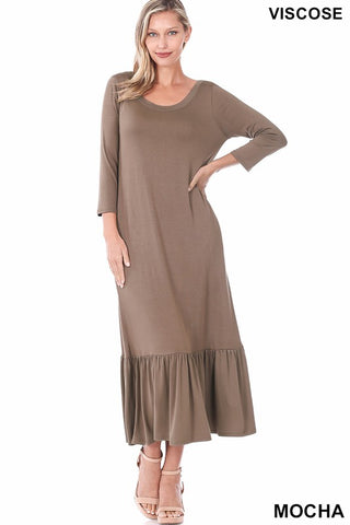 Olive Green 3/4 Sleeve Ruffle Hem Long Dress