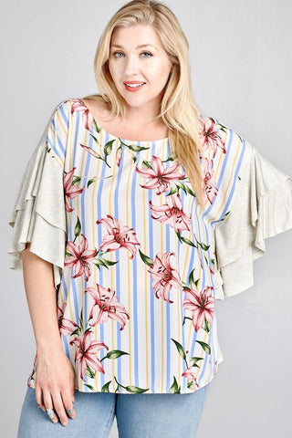 Stripe and Floral Blouse with Flutter Sleeves