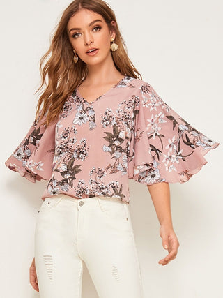 Botanical Print Flutter Sleeve Top