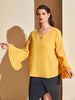 Plus Solid Flounce Sleeve Keyhole Blouse